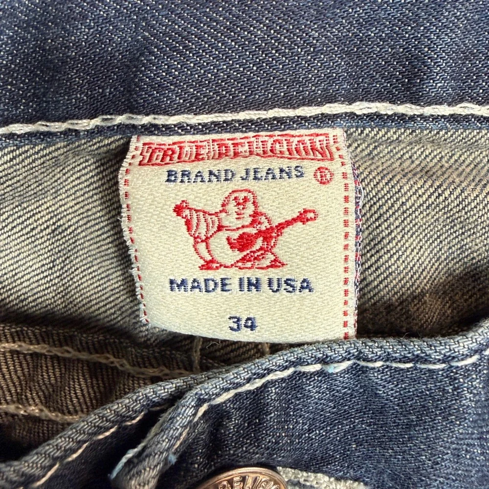 True Religion Ricky Jeans Men 34 (Fits 36x28) Blue Faded Whiskered Straight